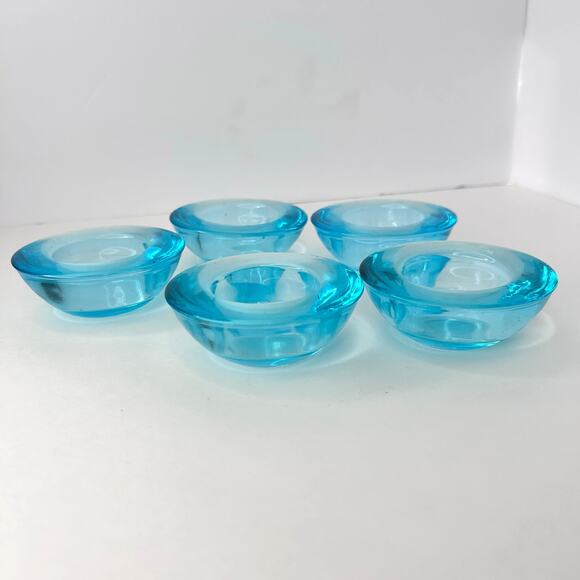 Five Crate & Barrel Light Aqua Blue Clear Glass Tea Light Holders 3" - Picture 4 of 4